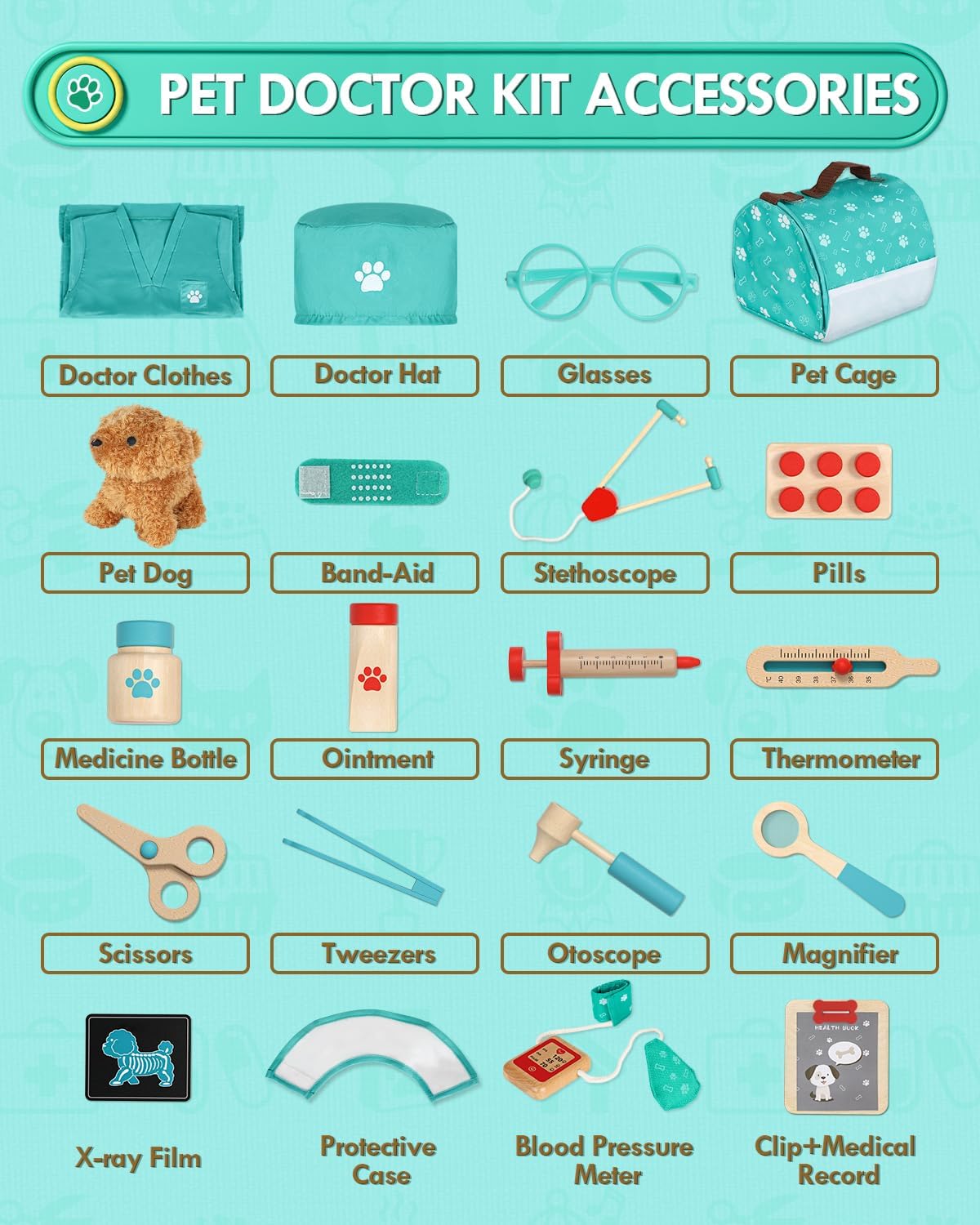 Thumbnail 6 de Doctors Set for Kids: Vet Kit with Plush Puppy and Wooden Medical Toy Accessories (Green)