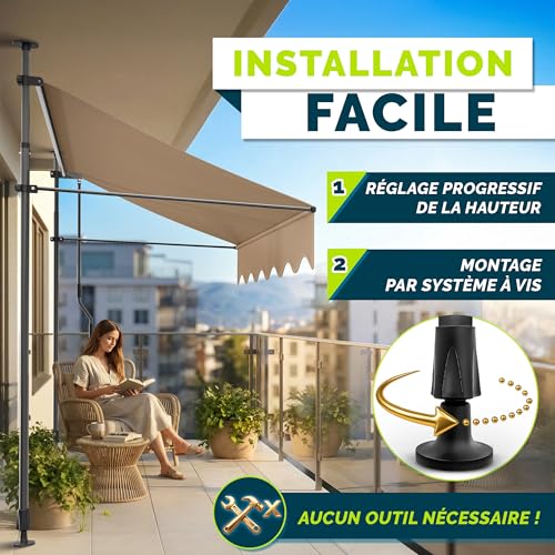 Thumbnail 2 de Tillvex Store Banne Manuel rétractable pour Le Balcon — Marquise de terrasse sans percement (Taupe, 200 cm)