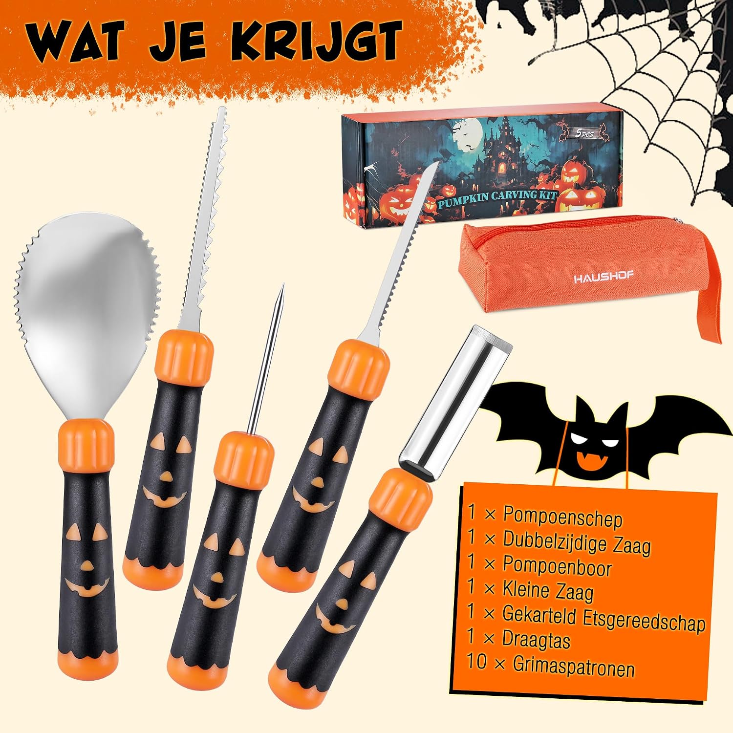 Thumbnail 1 de HAUSHOF HH24028 pompoensnijset, 5-delig met opbergtas en patroon