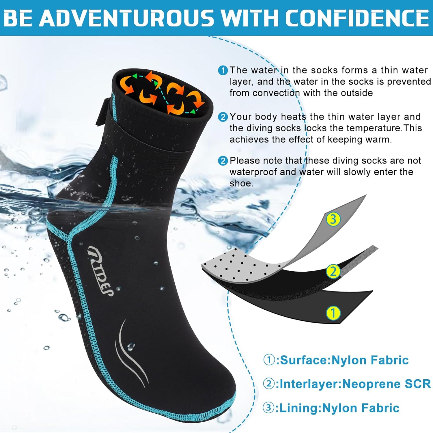 Thumbnail 3 de Rtdep 3mm Neoprene Socks with Anti-Slip Sole – Wetsuit Socks for Diving, Snorkelling and Sailing