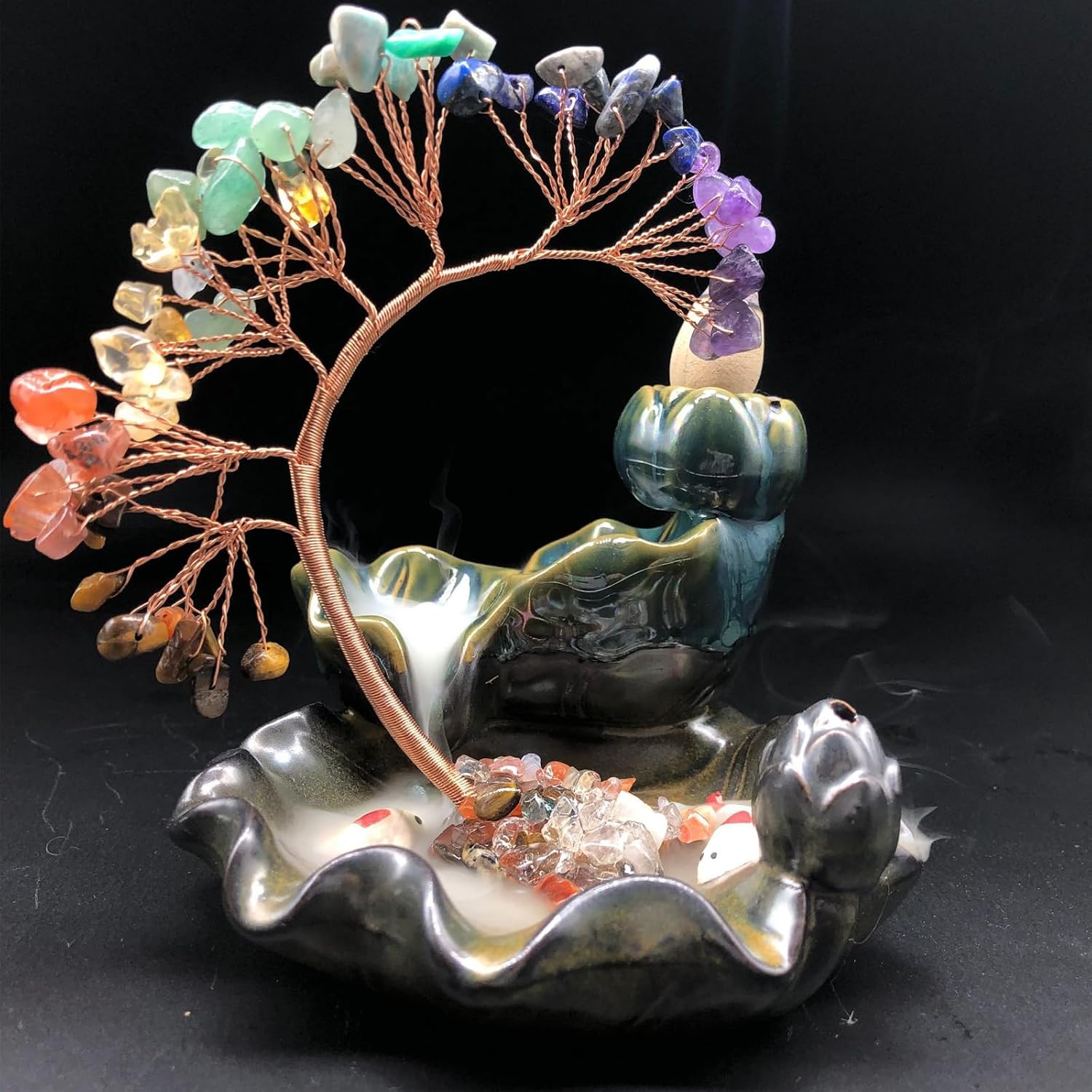 Detalle de MrMrKura Rückfluss-Räuchergefäß aus Keramik – 7 Chakren Kristall-Wasserfall, Baum der Fülle, für Yoga & Meditation