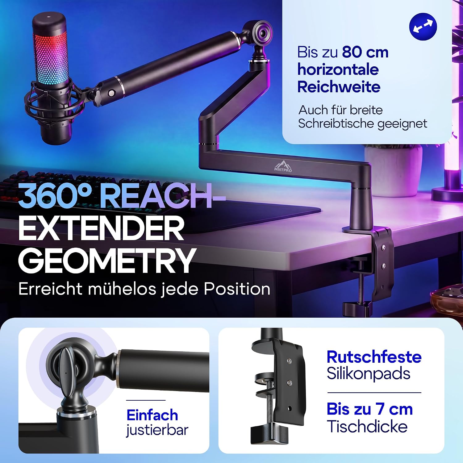 Detalle de MNTPRO Mikrofonarm Schreibtisch Low Profile – 80 cm Reichweite, Absinksicher, 2 kg Tragkraft