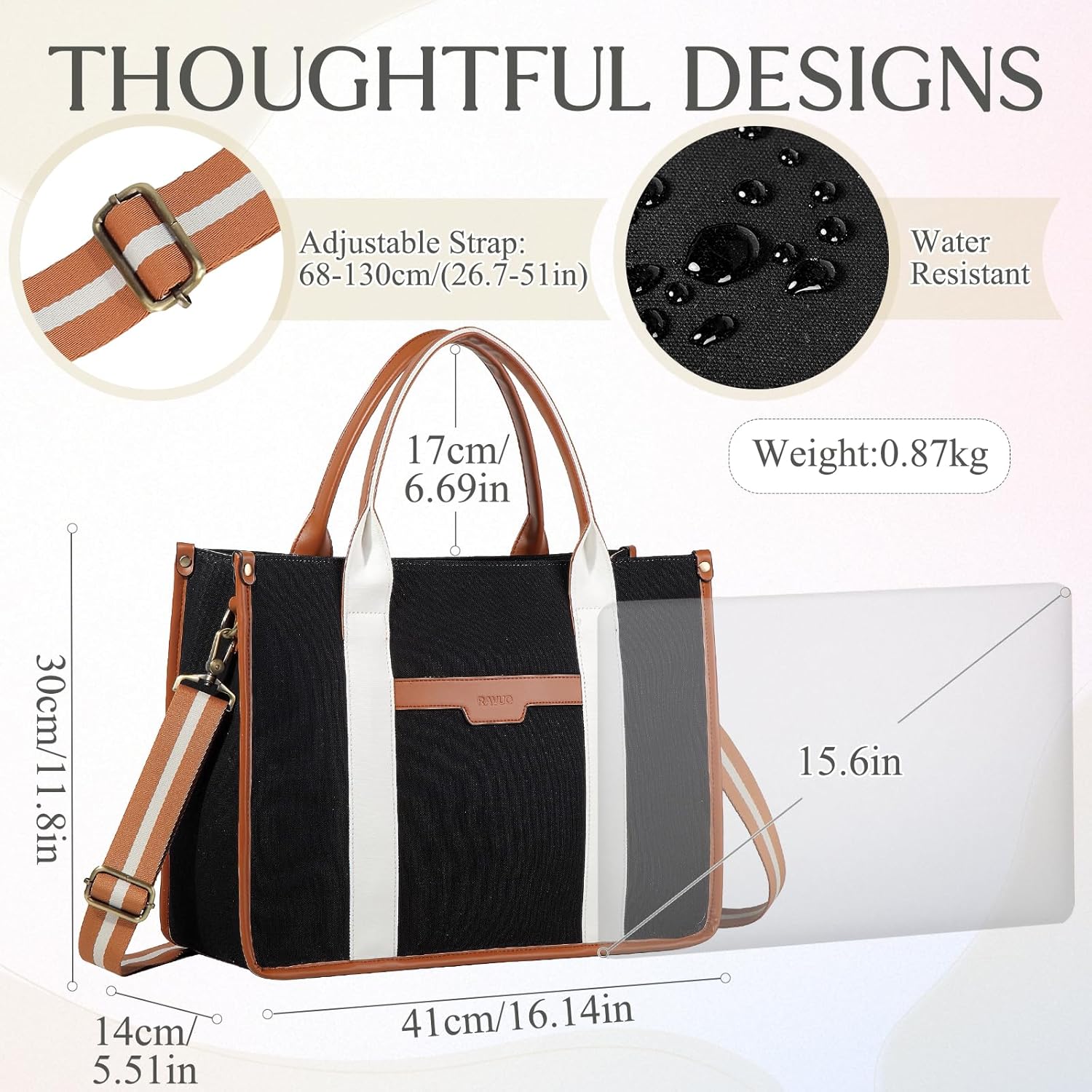Thumbnail 1 de RAVUO Laptoptasche Damen – Canvas Business-Tasche für 15,6 Zoll Laptop, großes Fassungsvermögen, wasserabweisend