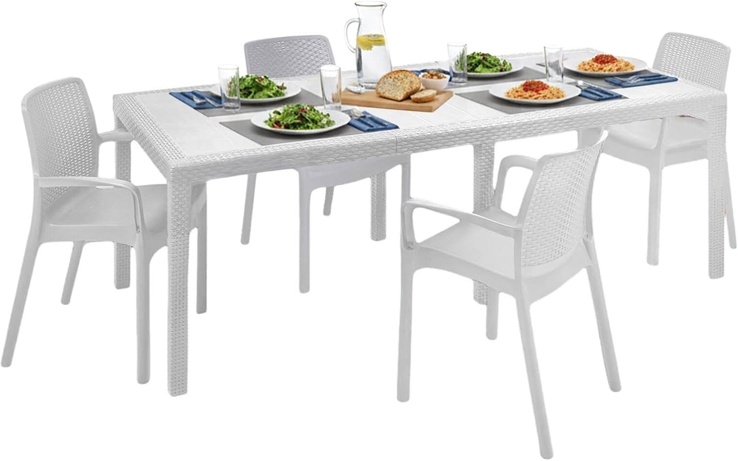 Detalle de Dmora Set Salotto da Esterno Manarola: tavolo allungabile con 4 sedie in stile rattan, 100% Made in Italy