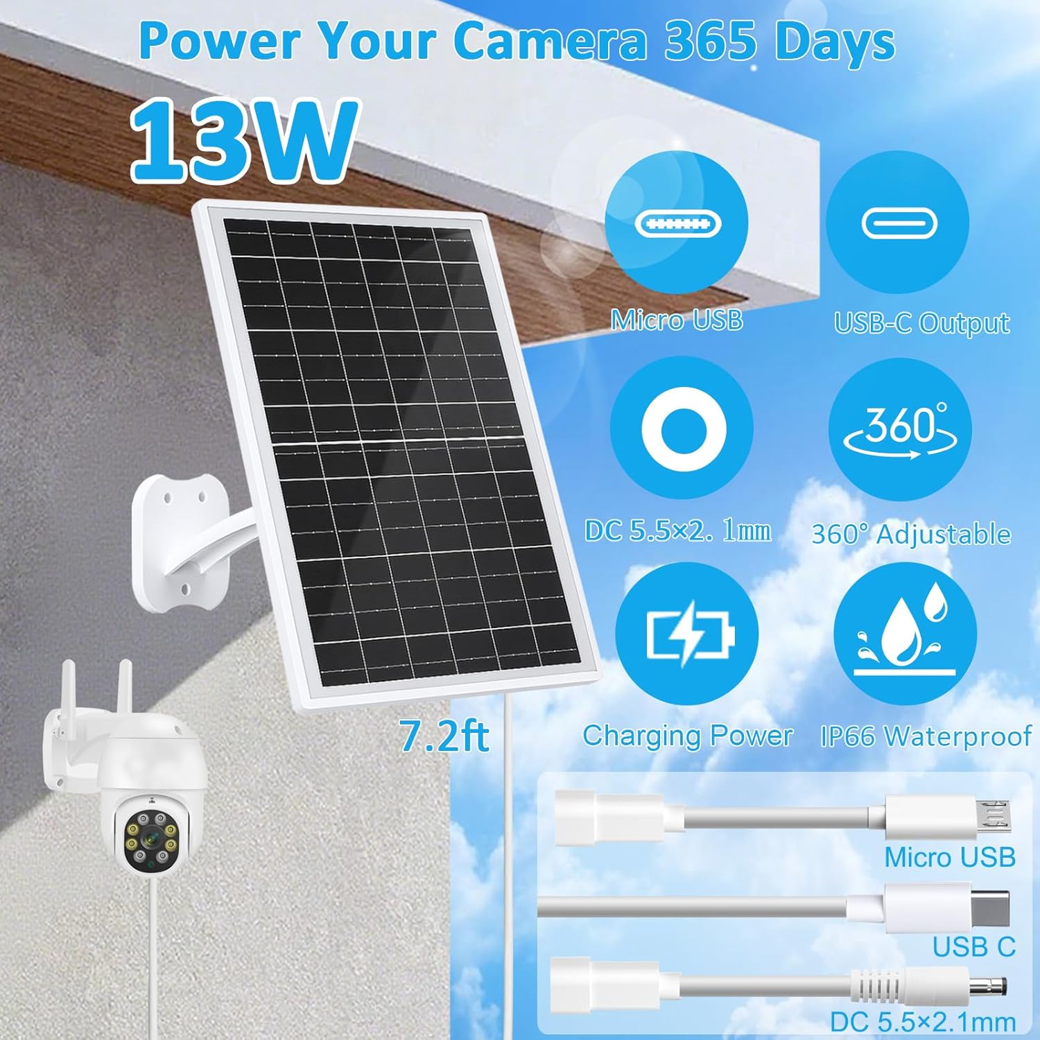 Detalle de FUTUREZEN 13W Solar Panel for Security Cameras & Trail Cameras (USB-C, Micro USB, 5.5x2.1mm DC) with IP66 Weather Protection