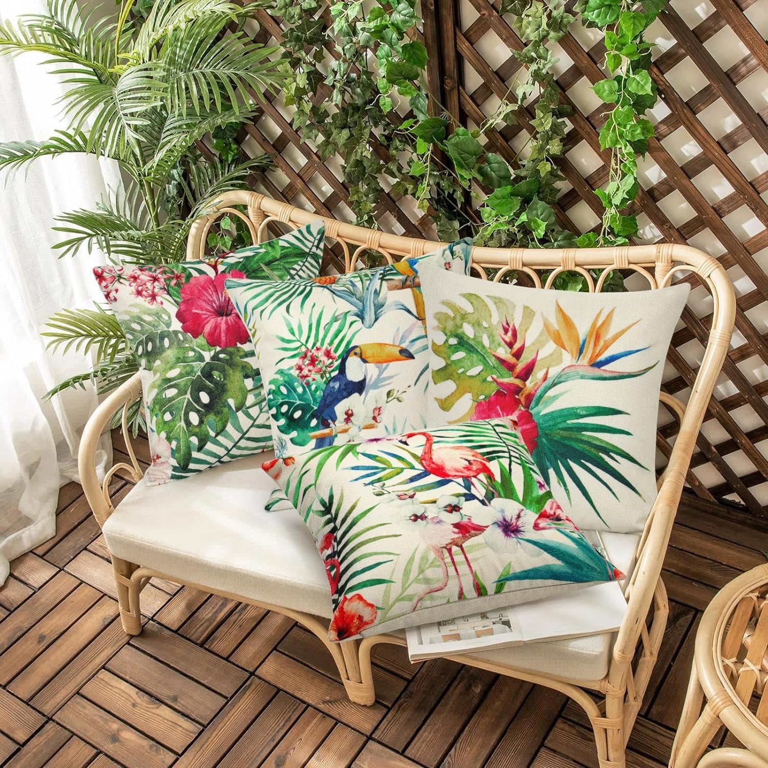 Thumbnail 1 de Weldomcor Waterproof Cushion Cover Set of 4 (45x45 cm) Tropical Plant Outdoor Throw Covers