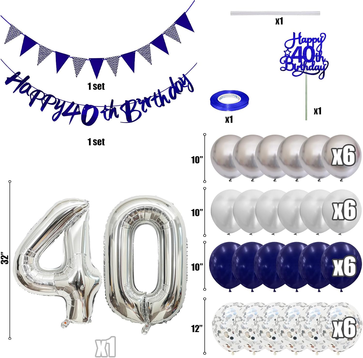 Detalle de Blue & Silver 40th Birthday Decorations Set — Balloons, Banner, and Cake Topper for Men and Women