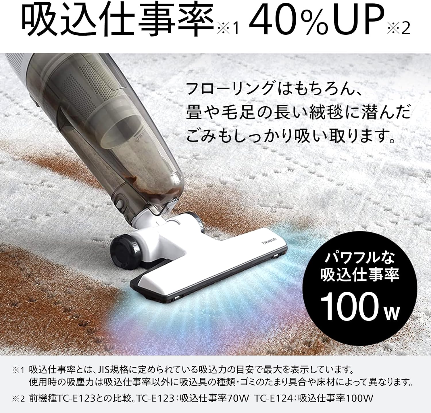 Thumbnail 1 de ツインバード TC-E124SPW コード式2WAYスティック掃除機、吸込仕事率100W・自立式