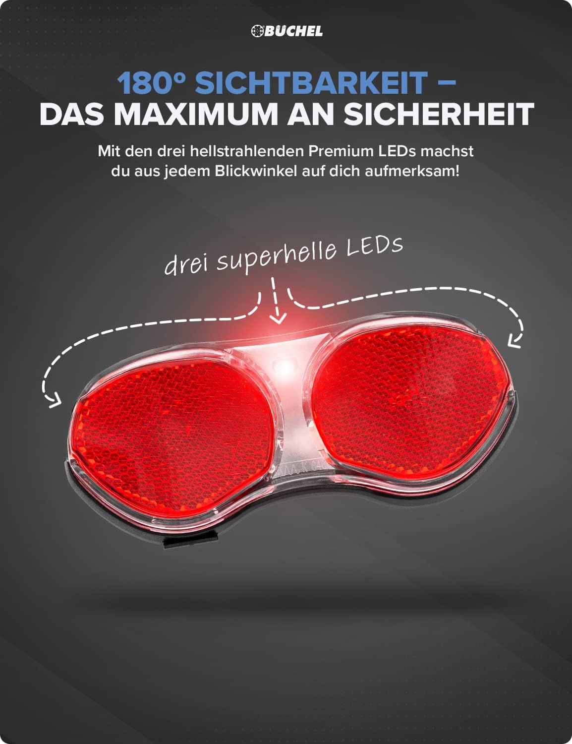 Detalle de Büchel LED Gepäckträgerlicht – Rücklicht für Dynamo- oder E-Bike-Antrieb (StVZO, 80 mm Abstand)
