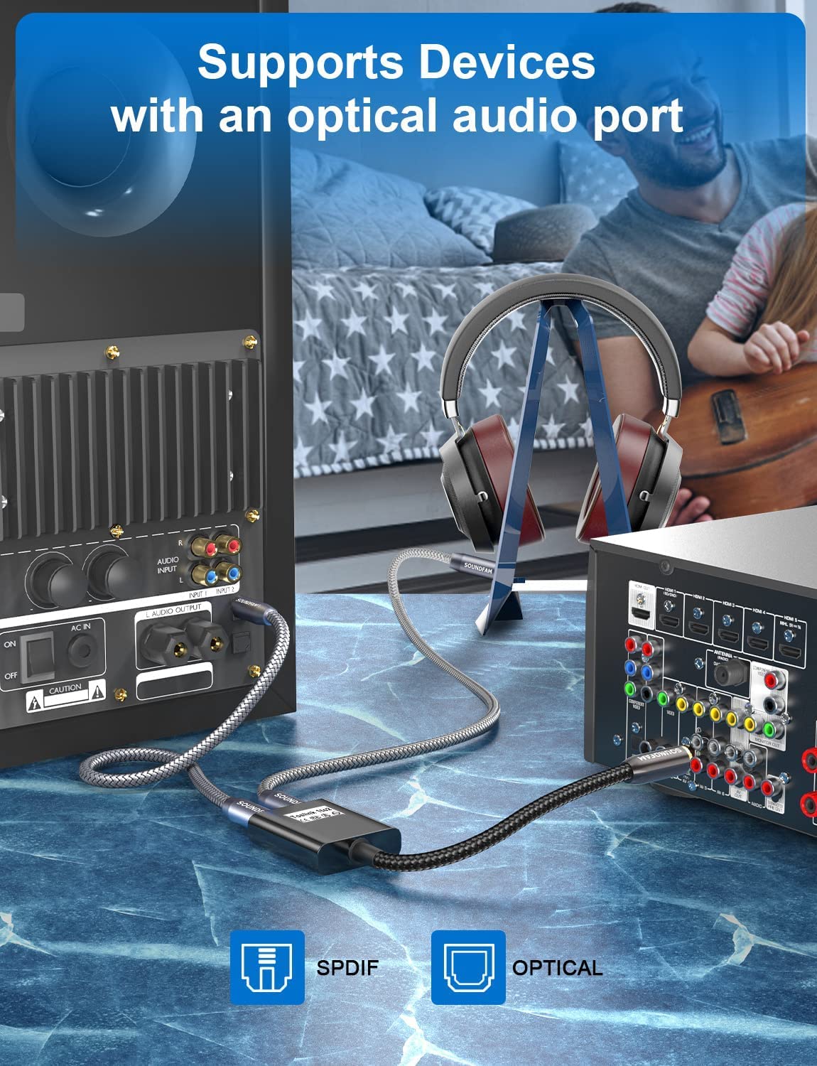 Thumbnail 2 de SOUNDFAM Toslink Splitter 1 Eingang auf 2 Ausgänge (optischer Audio-Adapter, Schwarz) – für TV, DVD & Soundbar