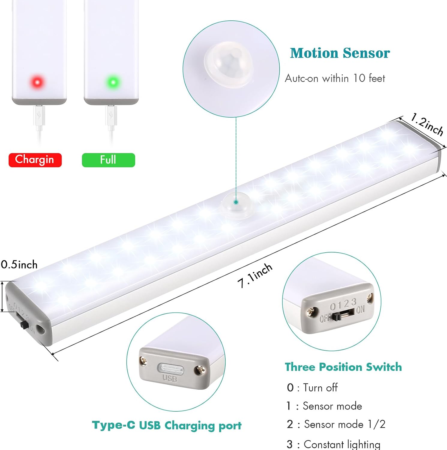 Thumbnail 1 de VCY Under Cabinet Lights (2 Pack): 280 Lumen Wireless Motion Sensor LED with USB Rechargeable Battery