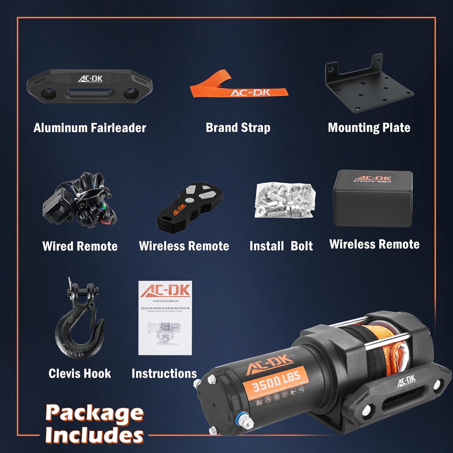 Thumbnail 6 de AC-DK 3500 lb ATV/UTV Winch Kit with Synthetic Rope, 12V with Wireless Remote