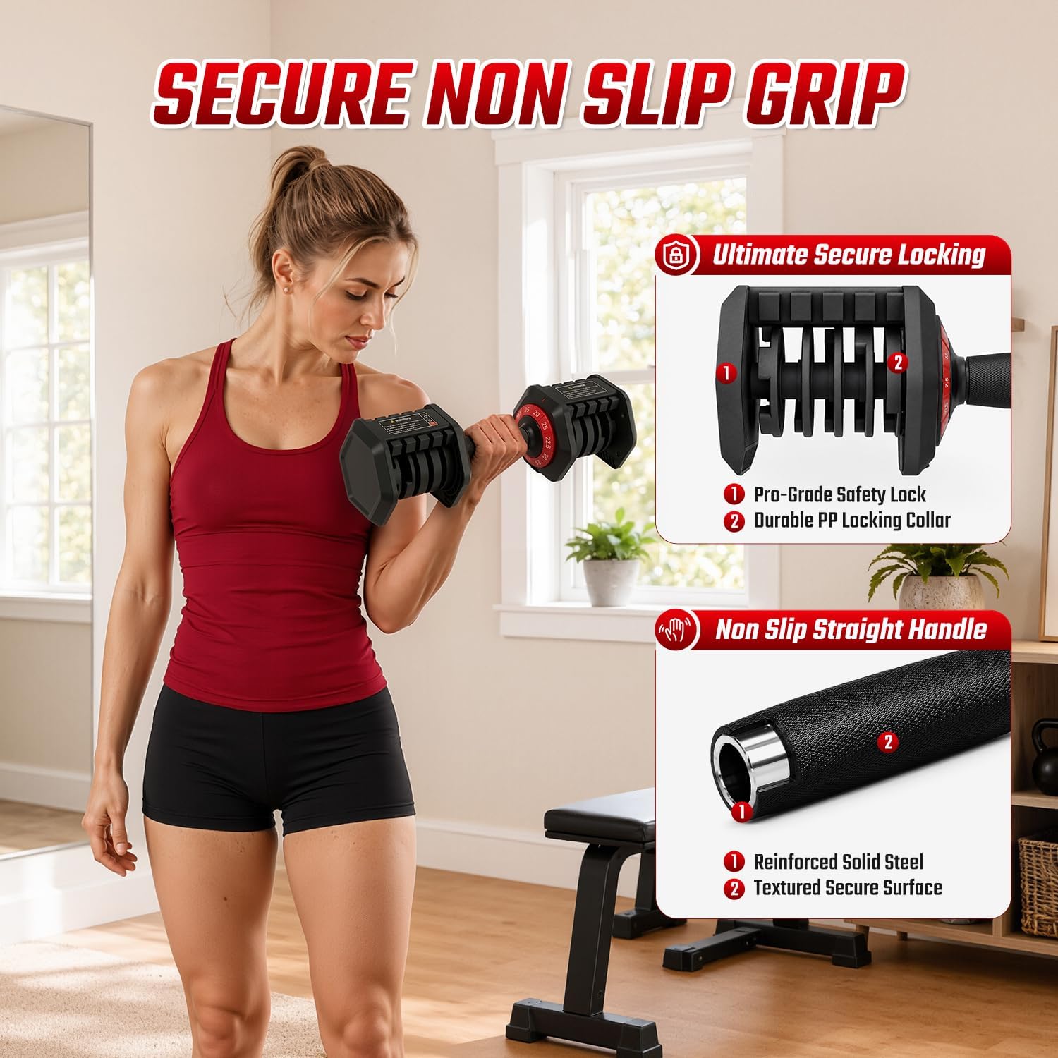 Detalle de PIRIER Adjustable Dumbbell Set, 25 lb, 10-in-1 with One-Hand Twist Adjustment