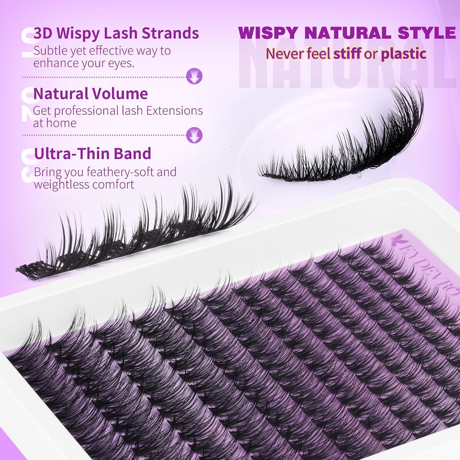 Thumbnail 3 de EYDEVRO Wispy Lash Clusters (Natural) — 192 PCS 9–18mm CD Curvature DIY Lash Extensions