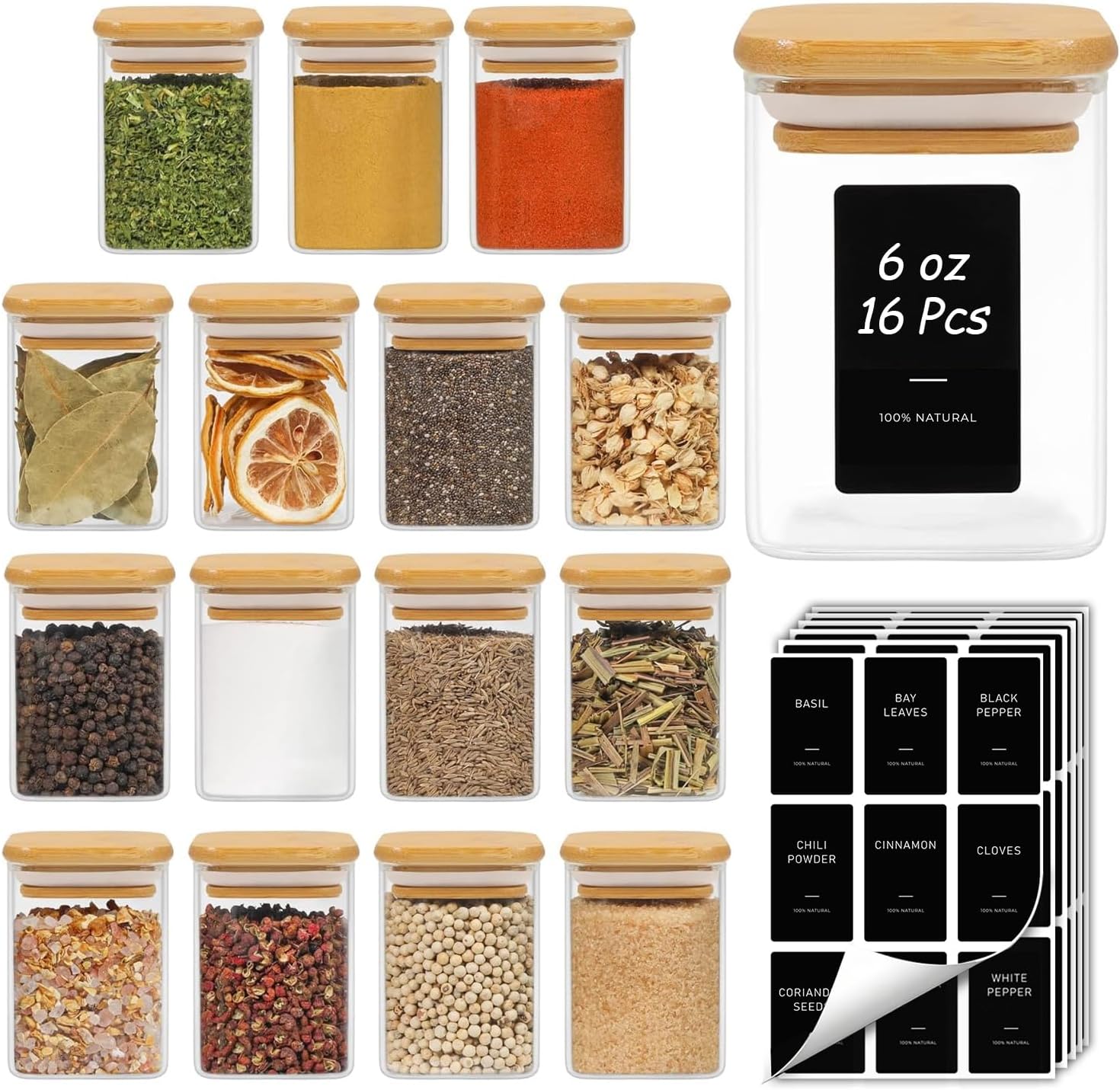 ComSaf Gewürzgläser Eckig 12 x 120 ml – luftdicht, mit Bambusdeckeln, 54 Etiketten, ideal für Kräuter, Curry, Chili & Pfeffer