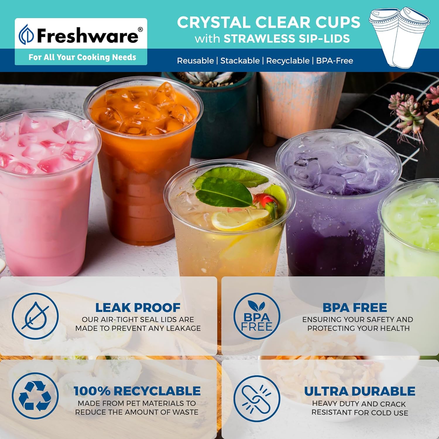 Detalle 2 de Freshware 24 oz Clear Disposable Plastic Cups with Strawless Sip Lids (100 Pack)