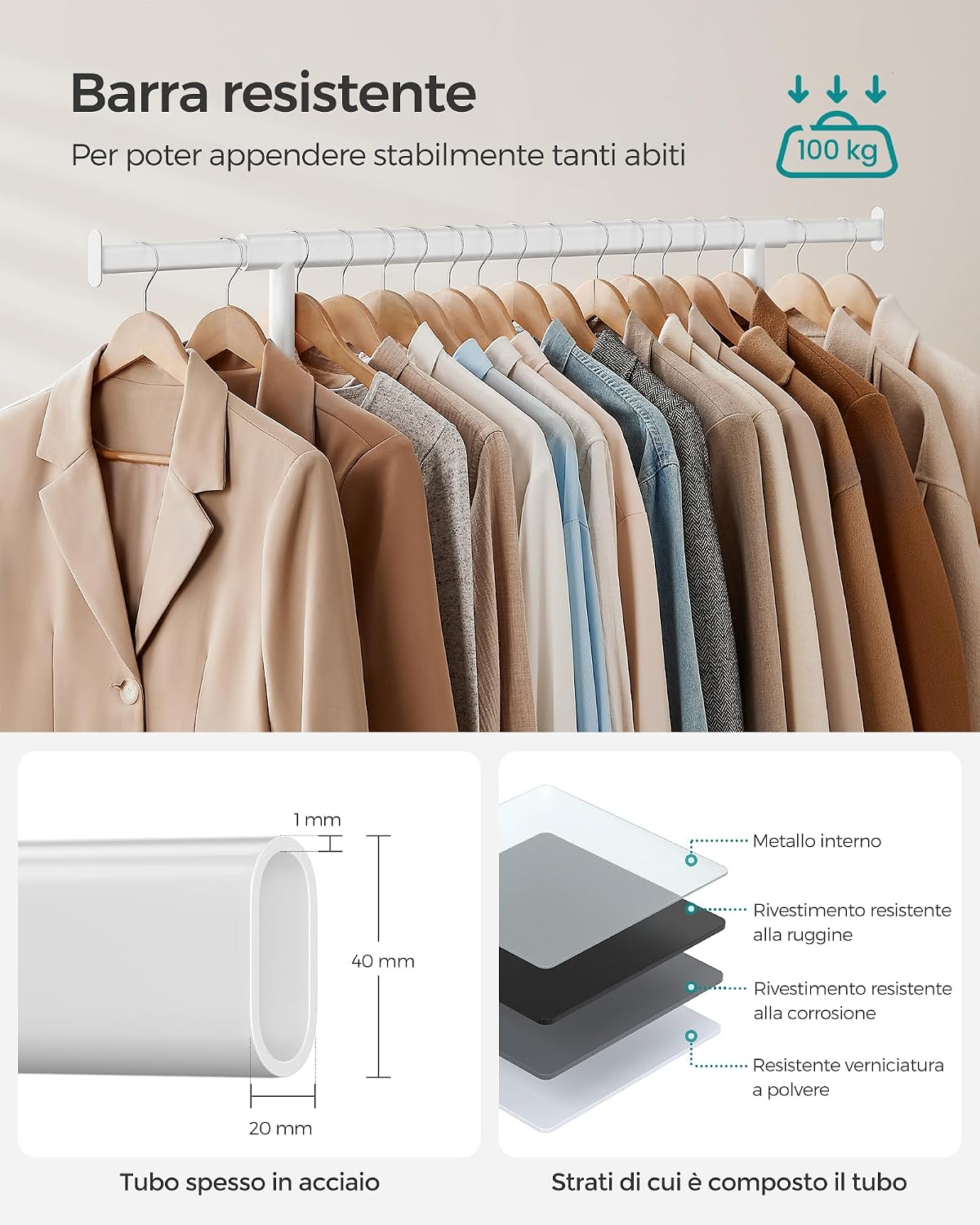 Thumbnail 2 de SONGMICS HSR013W01 stand appendiabiti con ruote e barre estensibili, portata totale 100 kg