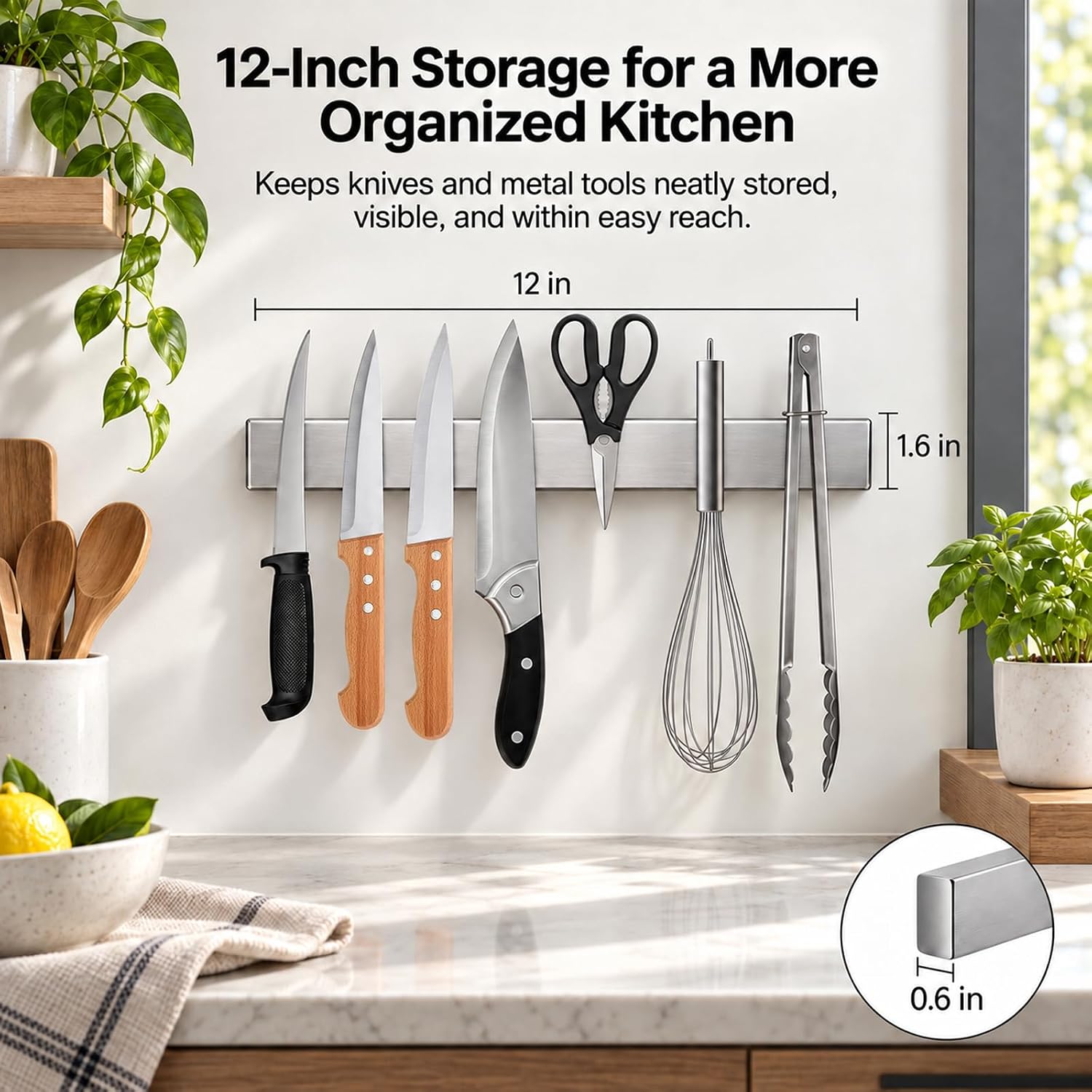 Detalle de Ninonly 12-Inch Magnetic Knife Holder, 304 Stainless Steel, Adhesive or Screw Mount