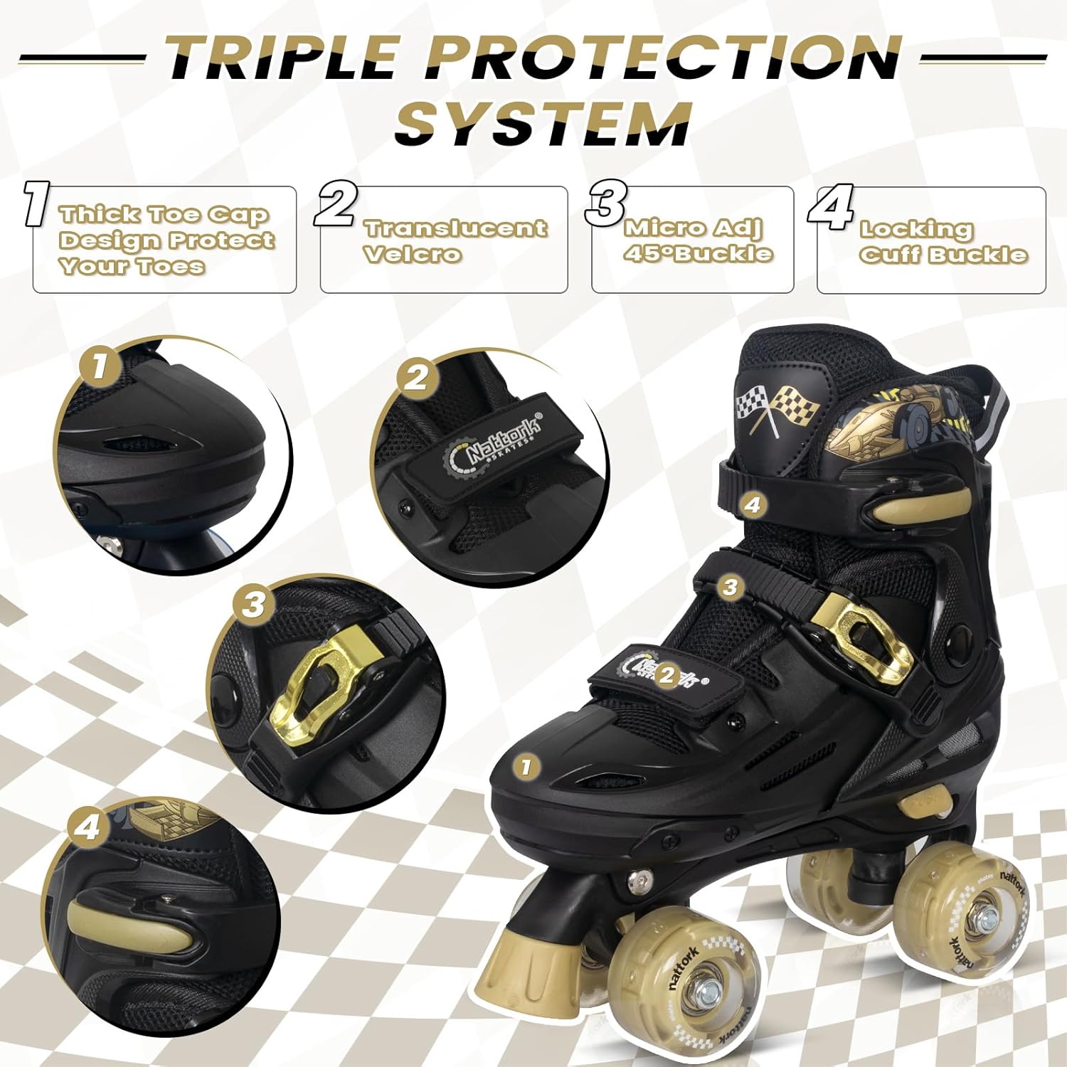 Thumbnail 1 de Nattork Adjustable Roller Skates for Kids (Ages 4–16) – Racing Car Design, ABEC-7 Bearings & Triple Lock Safety