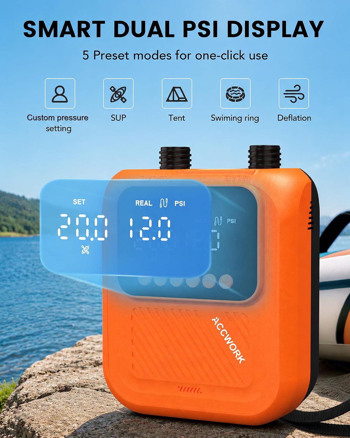 Detalle de Accwork Electric SUP Pump 20 PSI: 12V Car-Powered Dual-Stage Inflator with 7 Nozzles