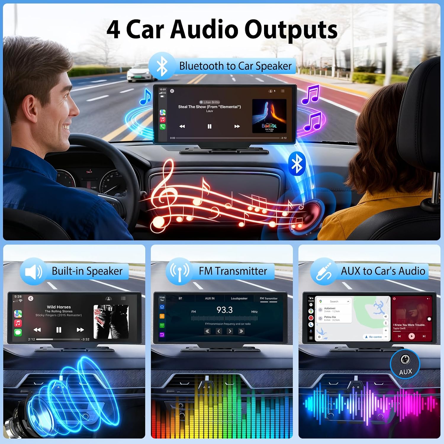Detalle de ELECROW 10.26” Wireless Portable CarPlay Screen with 4K Front & HD Rear Dual Dash Cam