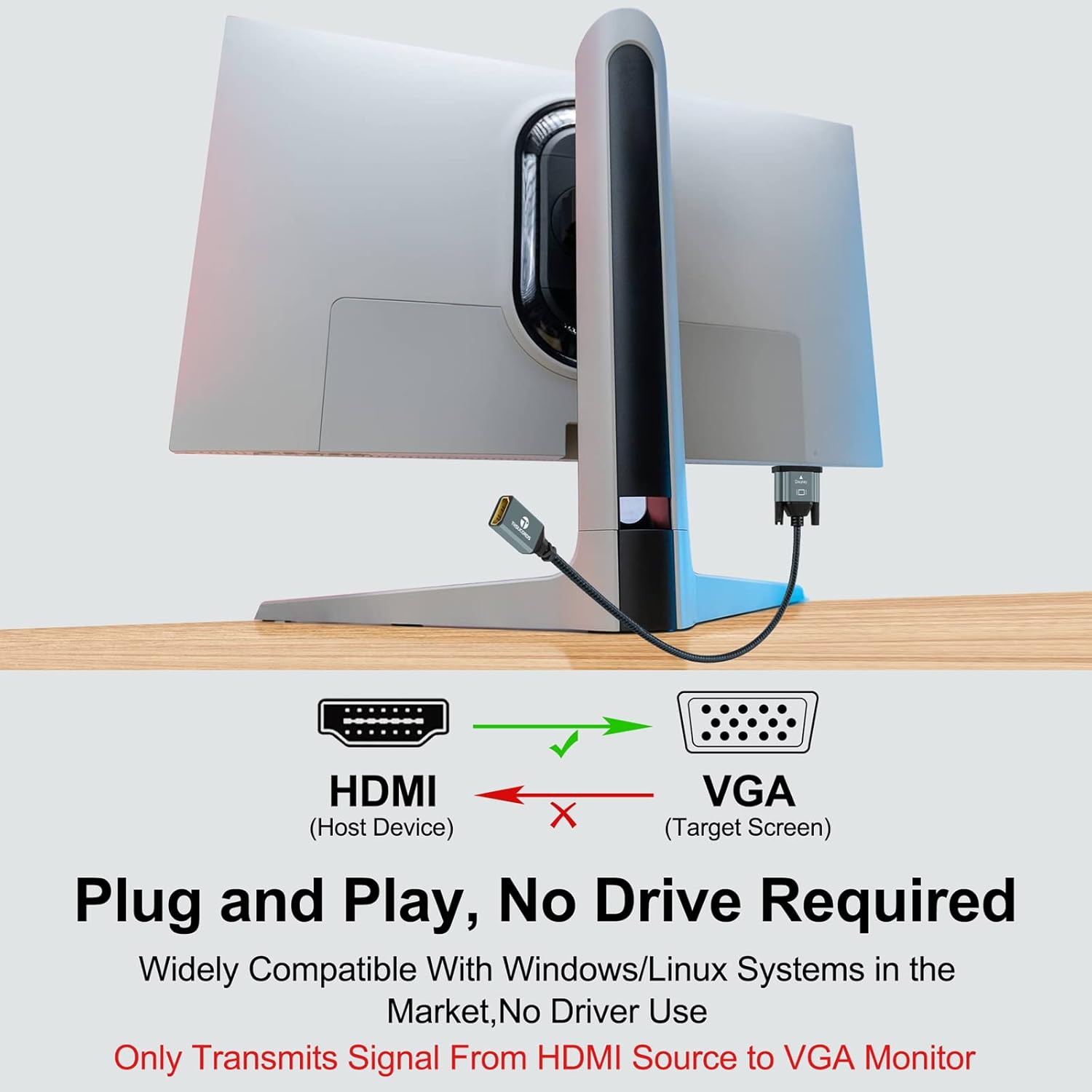 Detalle 2 de Thsucords HDMI to VGA Adapter Cable 1M — USB-C to monitor bridge with nylon braided build