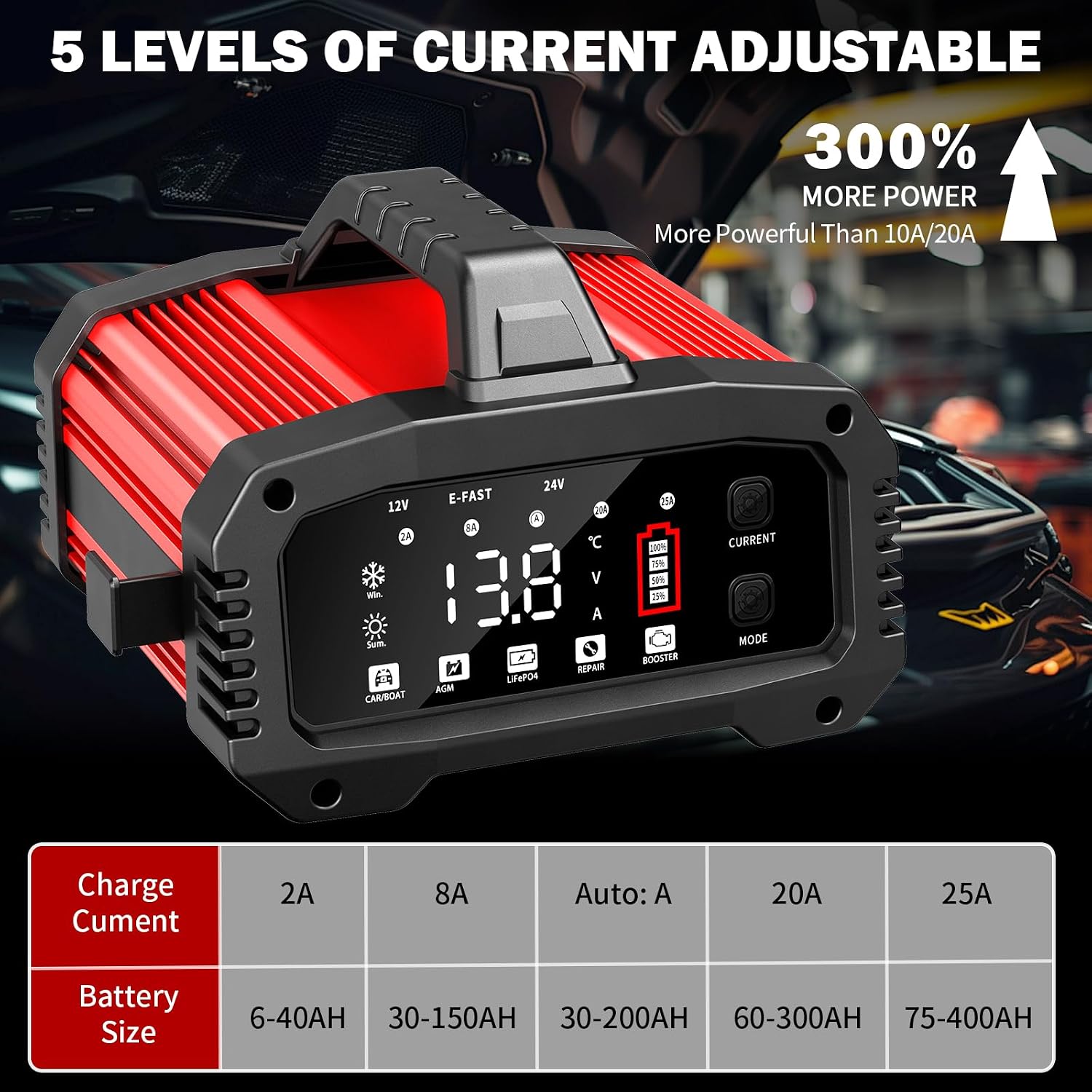 Detalle 2 de Caricabatterie auto 12V 25A / 24V 15A con BOOSTER e funzioni per LiFePO4, AGM, Gel, SLA