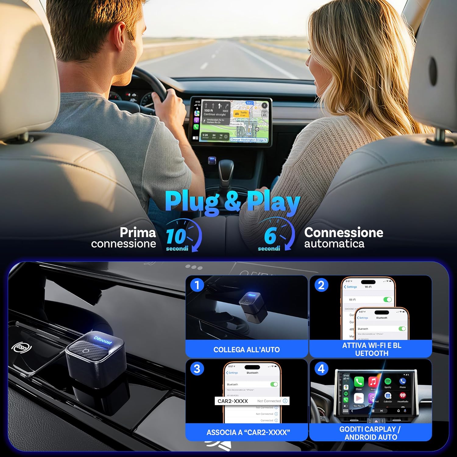 Thumbnail 5 de OTTOCAST Mini Core 2-in-1 Wireless CarPlay & Android Auto 2026 (WiFi 6 e Bluetooth 5.4), adattatore per auto con CarPlay/Android Auto di fabbrica