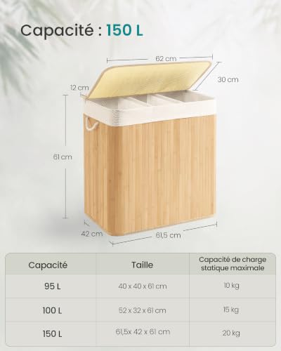 Detalle de SONGMICS Panier à Linge 150 L avec Couvercle et Bambou – Organisation pratique et naturelle