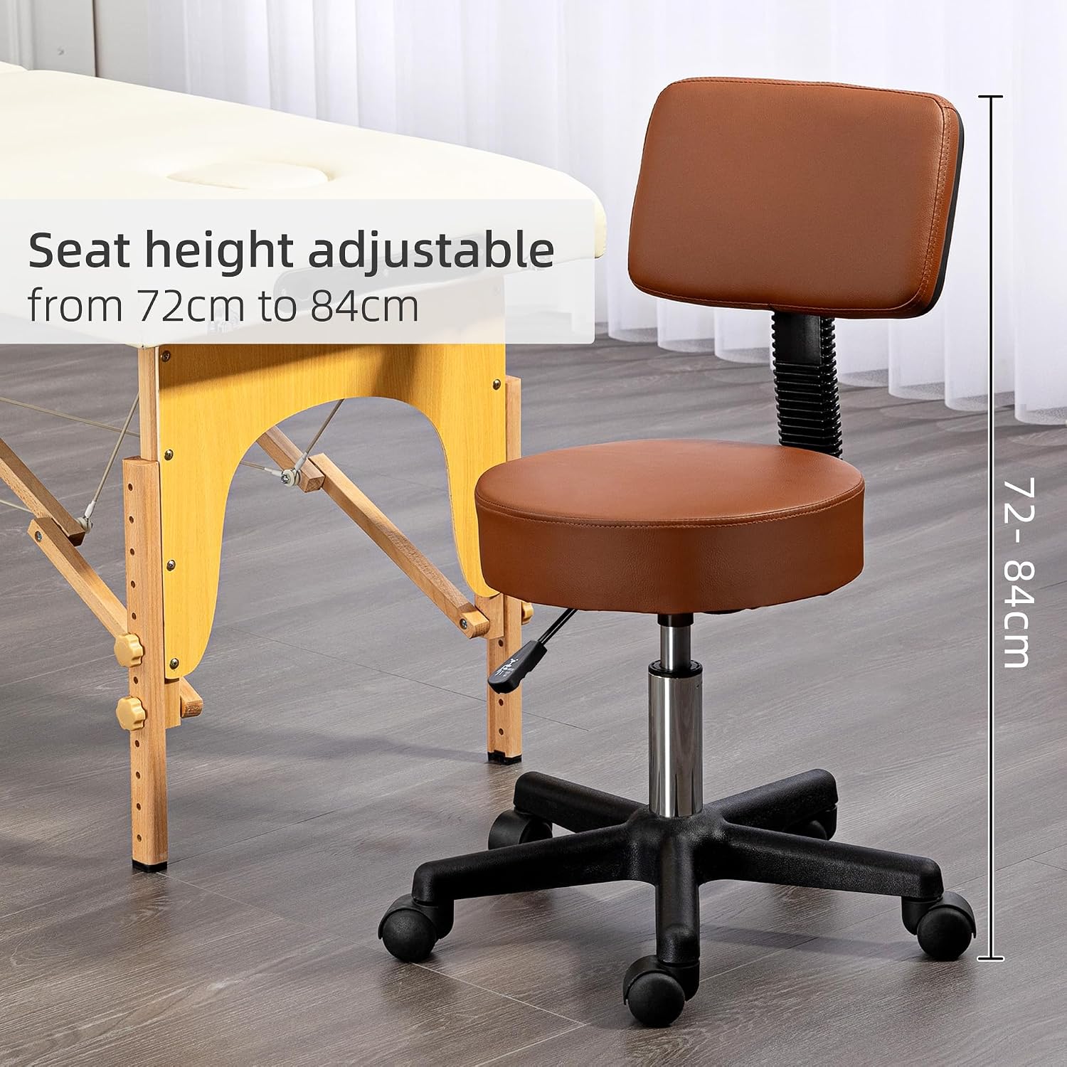Detalle 2 de HOMCOM 503-023V70BN Salon Stool with Padded Back, 5 Wheels, Brown