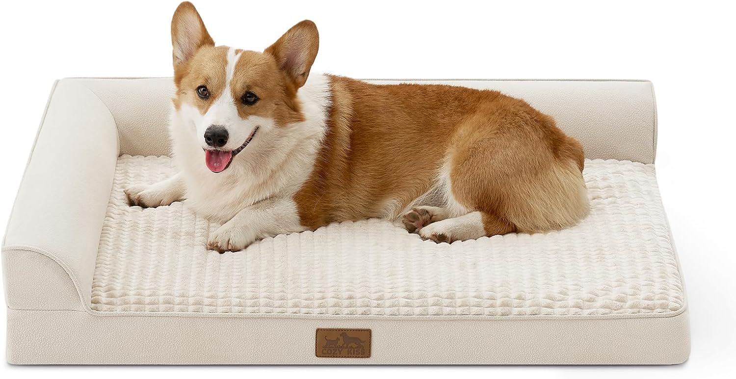 Detalle de COZY KISS Orthopädisches Hundebett – L-Form, 36x27x6,5 Zoll, Beige