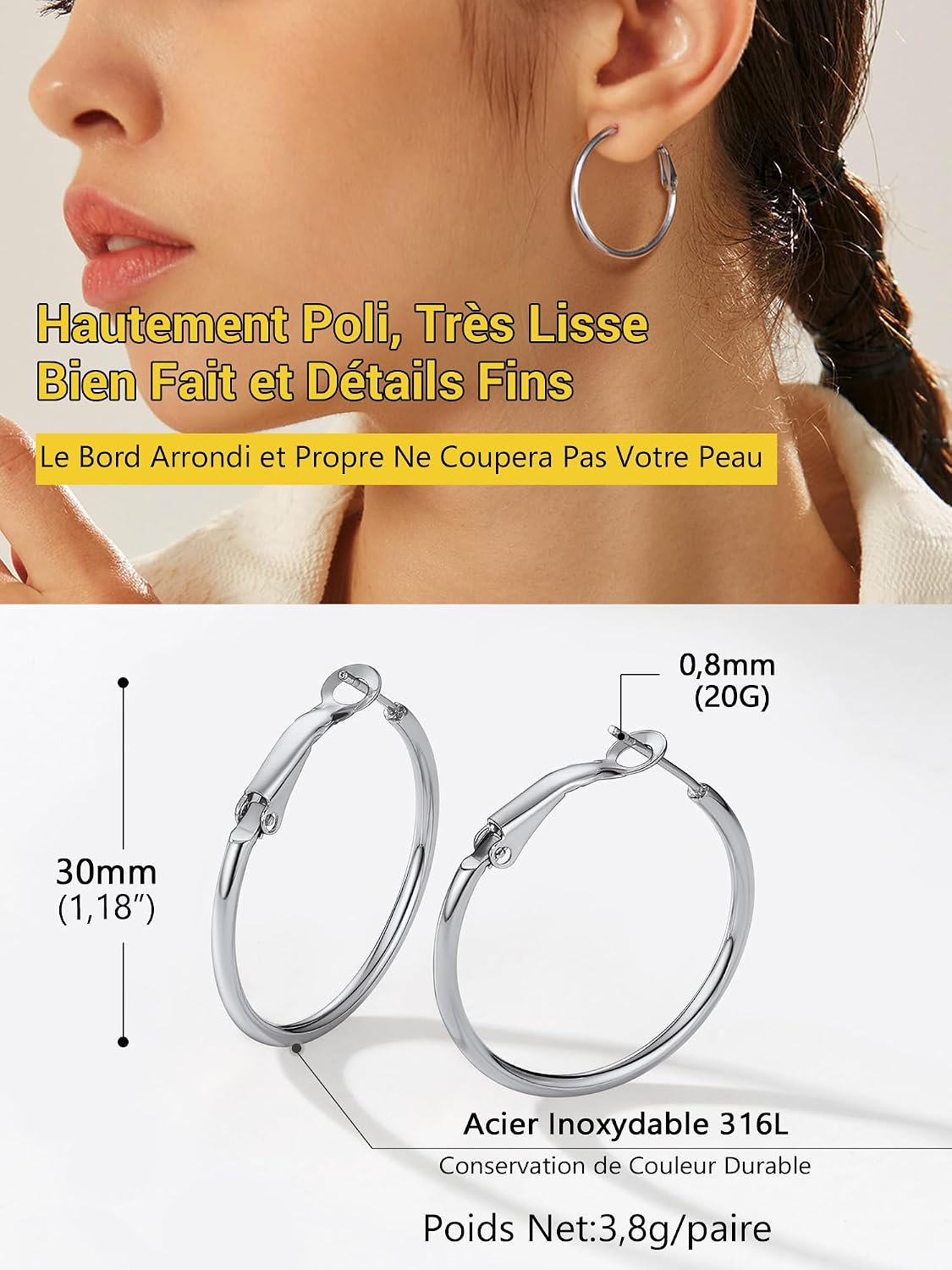 Thumbnail 5 de PROSTEEL Créoles femme en acier inoxydable 316L à grands anneaux (30 mm)