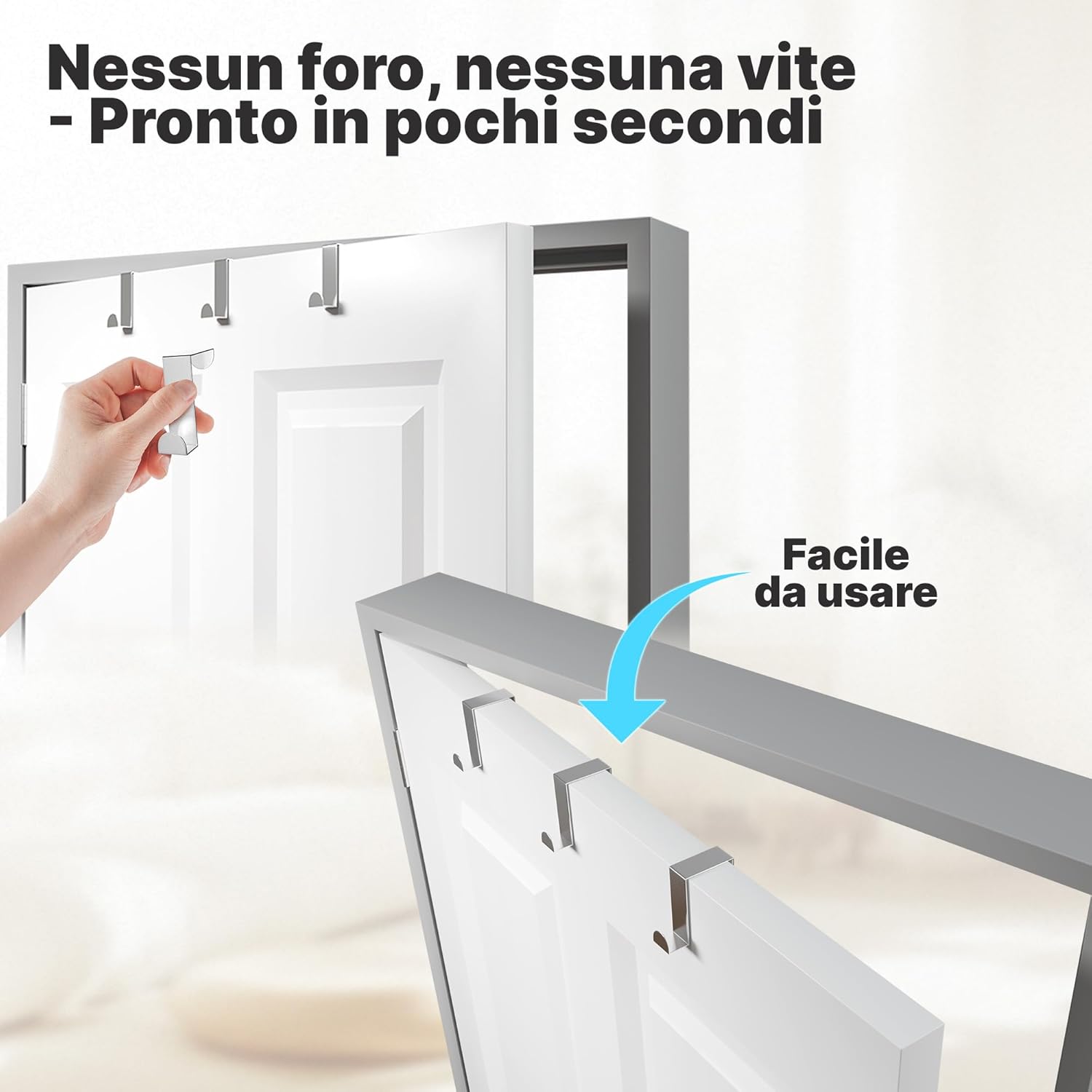 Detalle de Minismus Confezione di 4 Porta Ganci – Attaccapanni a Gancio in Acciaio Inox, da Porta, Può Essere Usato Singolarmente (Plata)