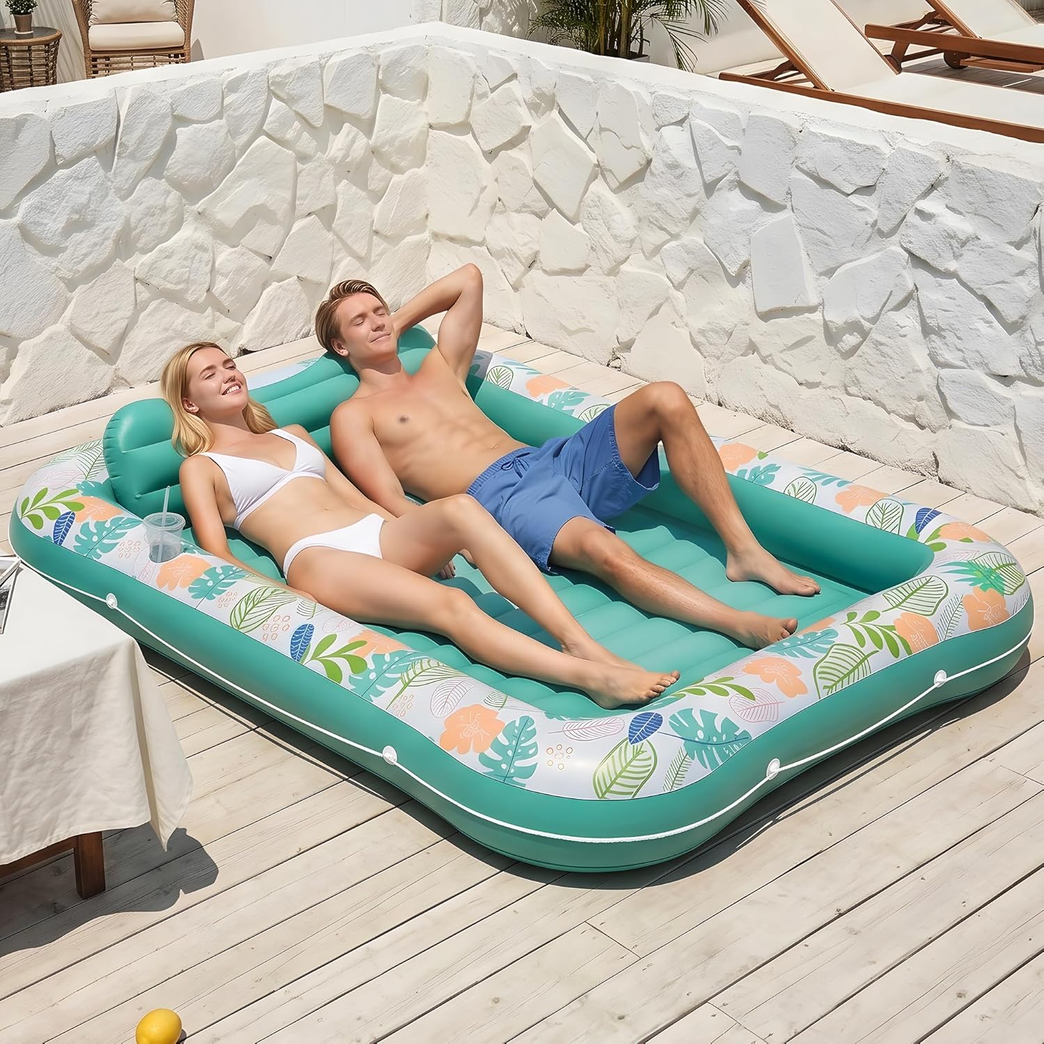 Thumbnail 4 de Inflatable Tanning Pool Lounger Float by Stonful — 87" x 63" with Pillow, Cup Holder, and Water-Filled Comfort