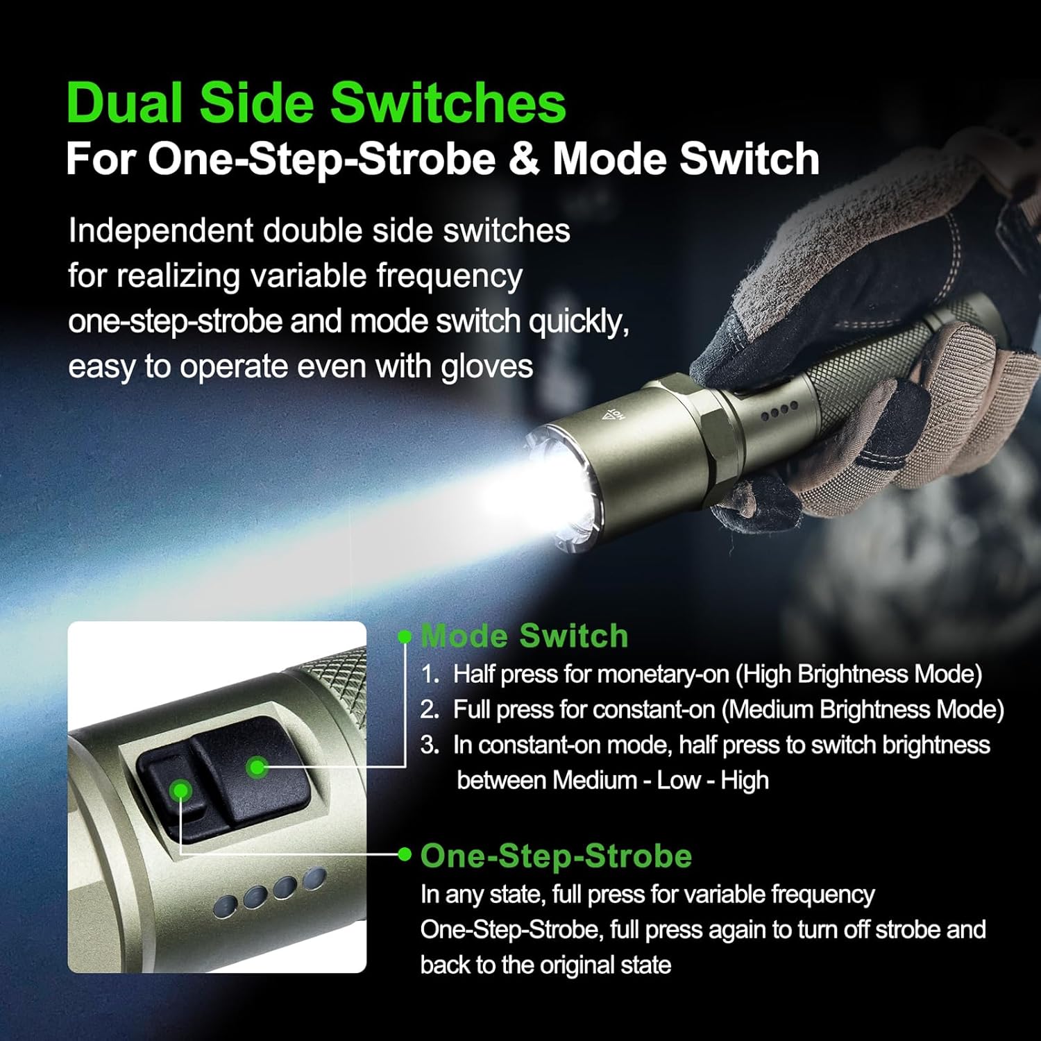 Detalle 2 de Nextorch P80B rechargeable flashlight (Olive Green) — up to 2,100 lumens, 5 modes & strobe