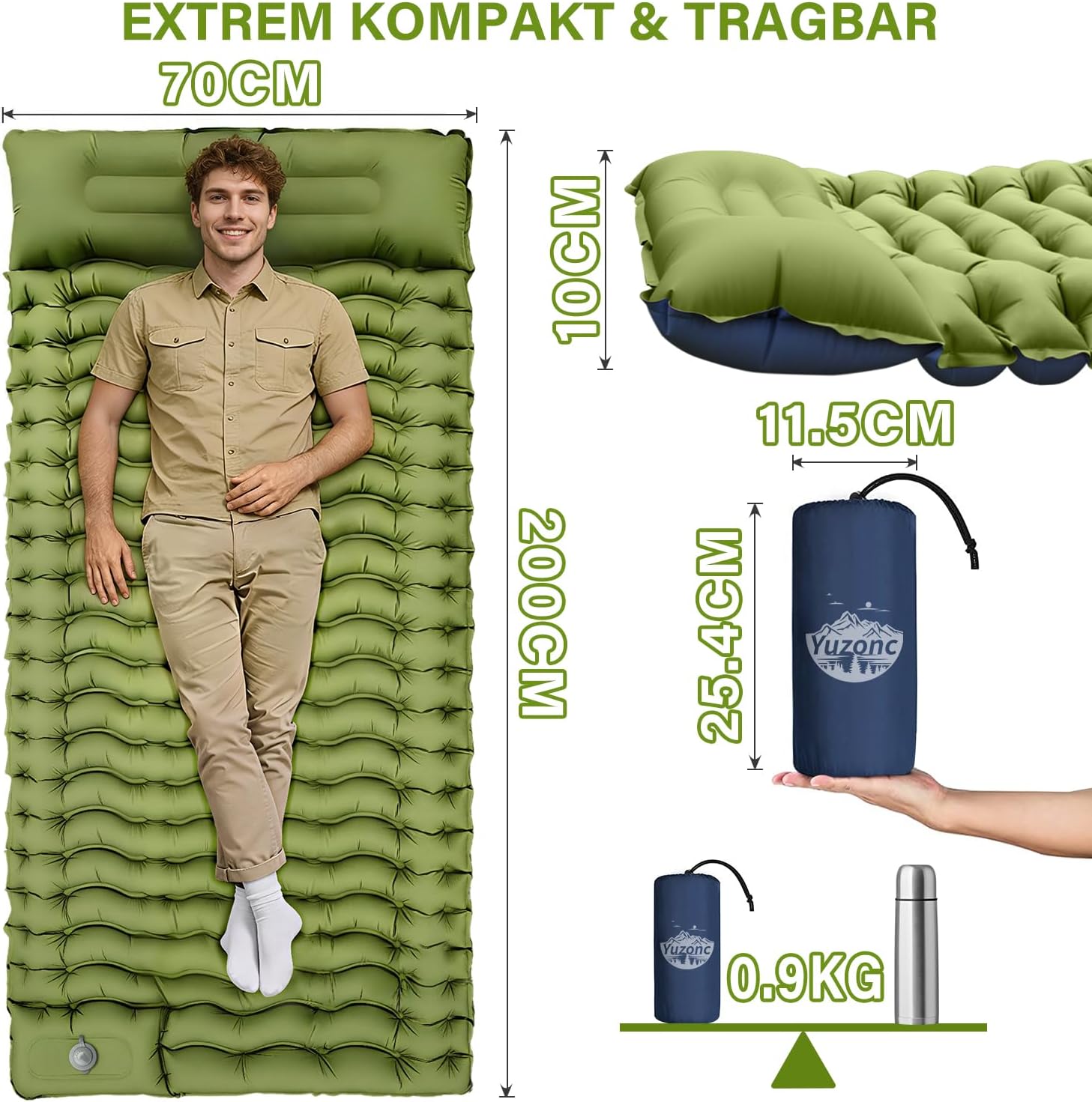 Detalle de Yuzonc Camping-Isomatte mit Fußpresse, Pumpe & Kissen – 195 x 68 x 10 cm