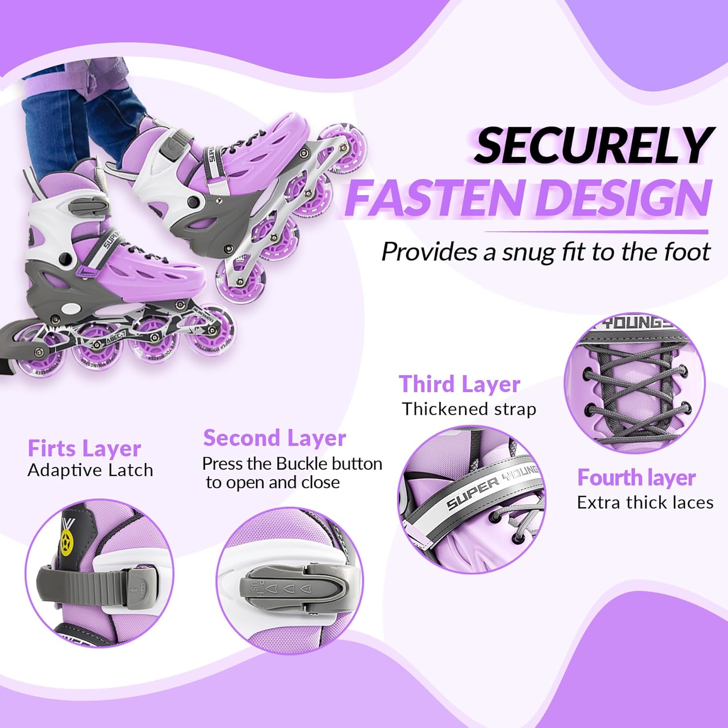 Detalle de SUPER YOUNGSTER Adjustable Inline Skates for Kids 4-12 with Light-Up Wheels