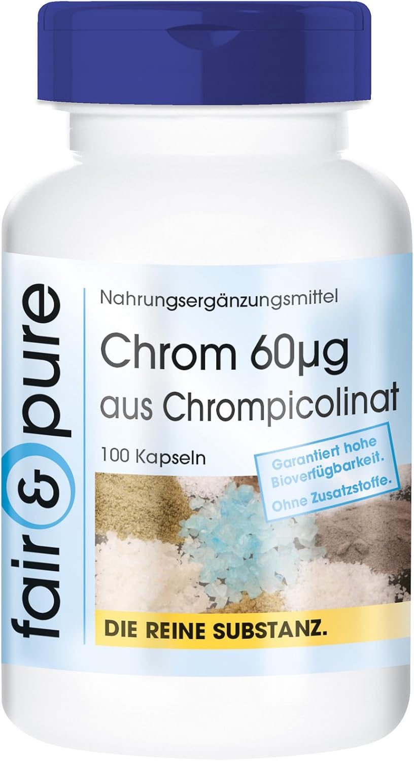 Detalle de Fair & Pure Chrom 60 µg aus Chrompicolinat – 100 Kapseln, vegan, schluckfreundlich, hergestellt in Deutschland