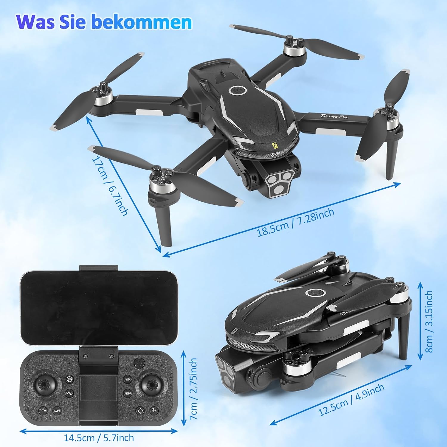 Detalle de Drohne mit Kamera HD 4K – faltbar, FPV WiFi, 2 Akkus, brushless Motoren, Hindernisvermeidung