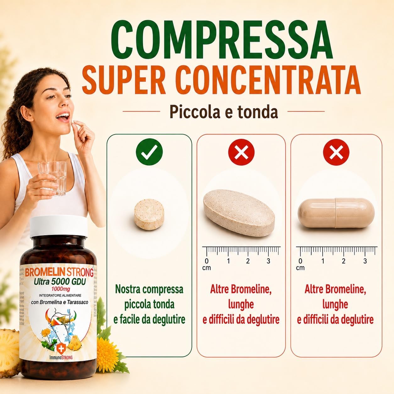 Detalle 2 de Bromelina Forte Drenante 5000 Gdu Purissima con Tarassaco – ImmunoSTRONG, 120 Compresse