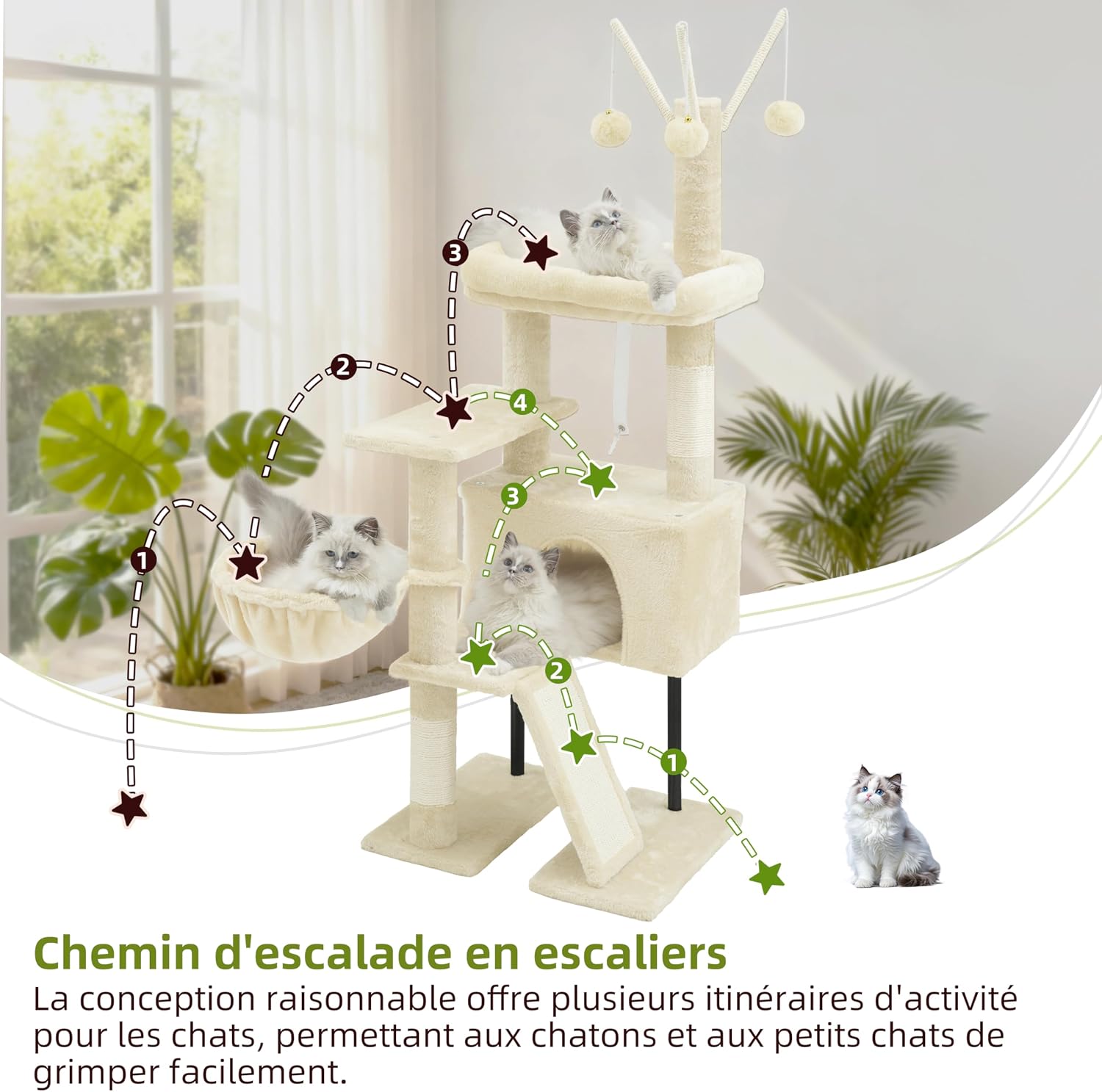 Thumbnail 5 de Arbre à chat d’intérieur Gitelsnour GCT006SM beige : tour de jeux avec griffoirs, hamac et plateforme amovible