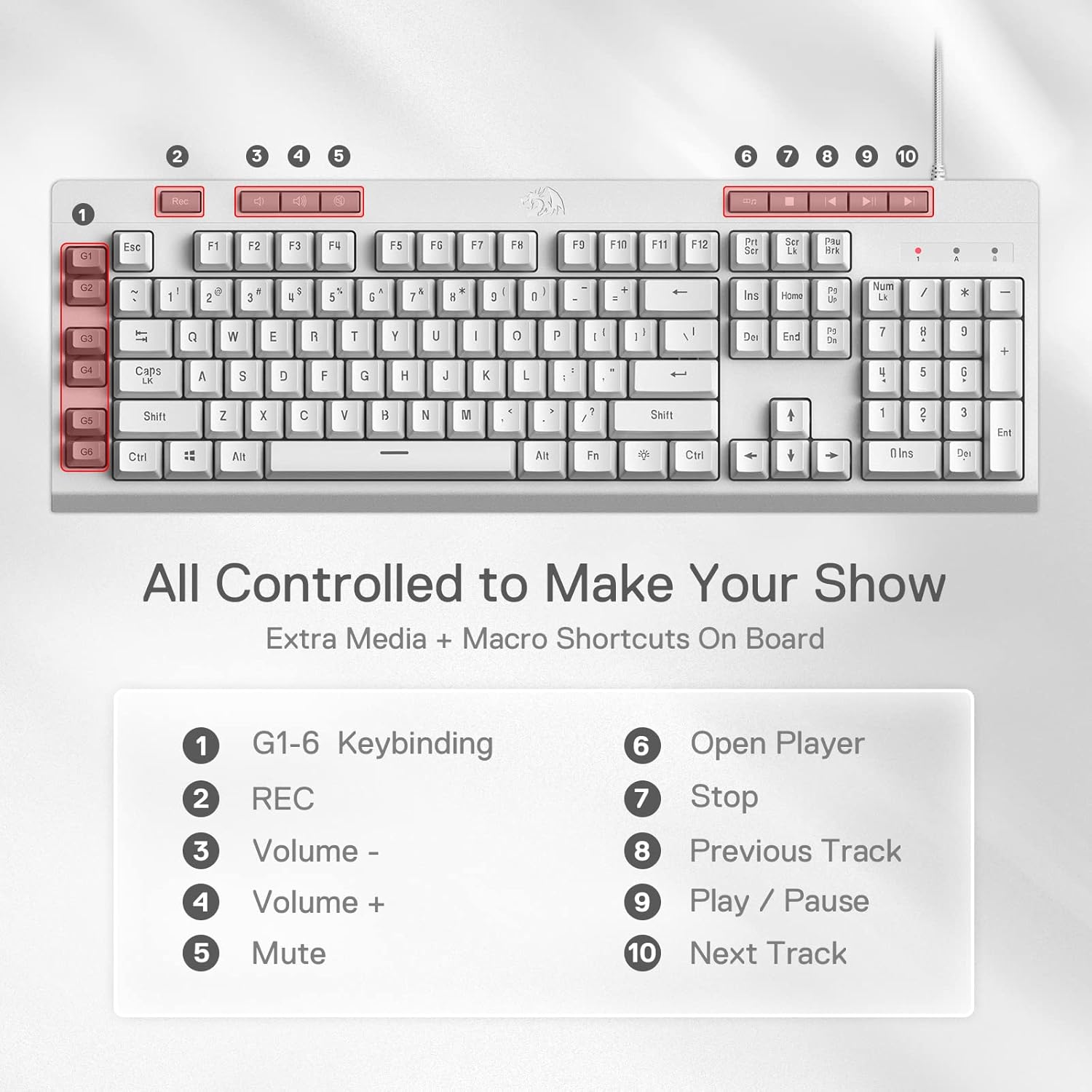 Detalle de Redragon K512 Shiva US-Layout weiße Membran-Gaming-Tastatur – RGB, Makros & abnehmbare Handballenauflage
