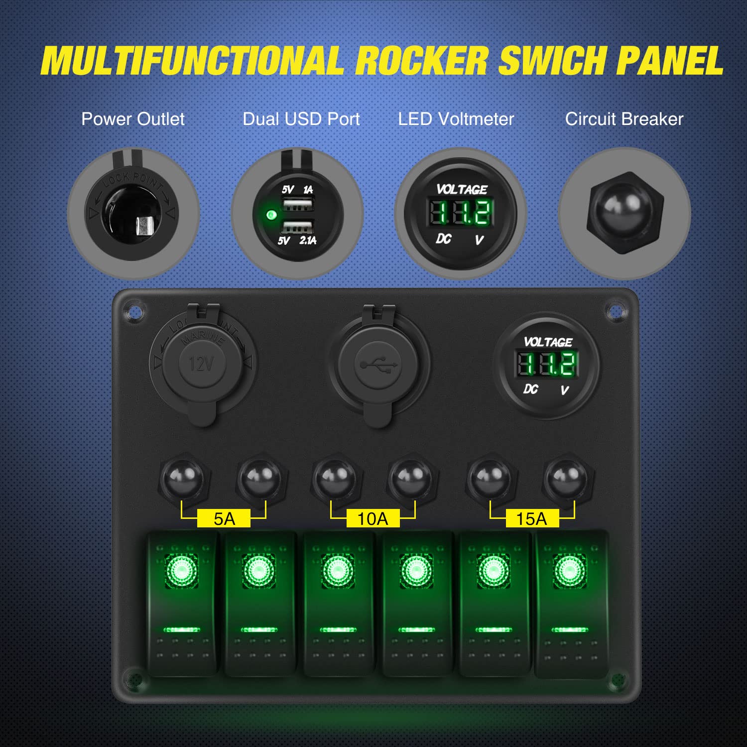 Detalle de Nilight 90123F 6-Gang Rocker Switch Panel (Green Backlit) with Dual USB Charger, Digital Voltmeter & Overload Protection