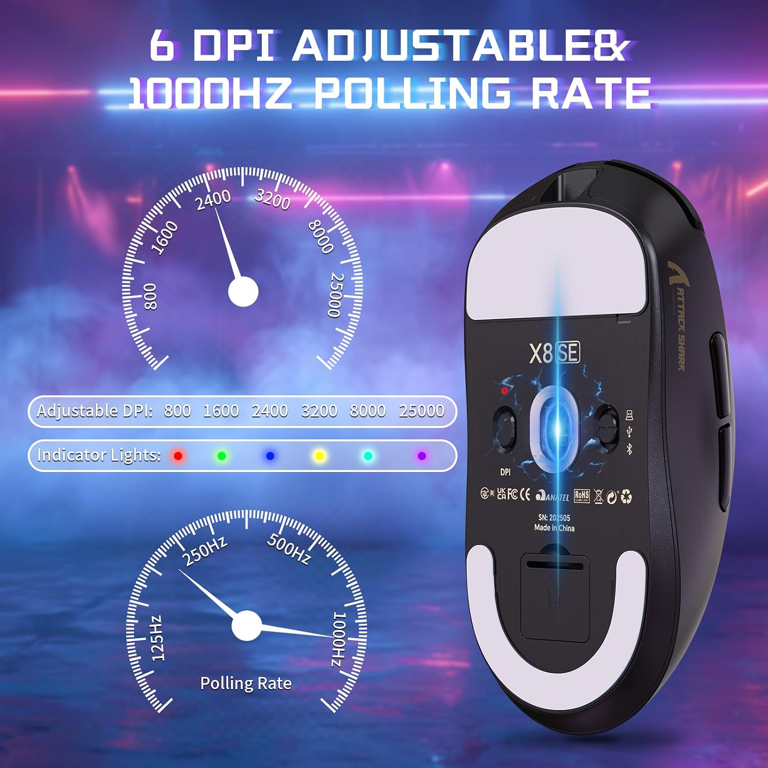 Detalle de MAMBASNAKE X ATTACK SHARK X8SE 55g: mouse da gioco wireless ultra-leggero con DPI 25000 e tripla connettività