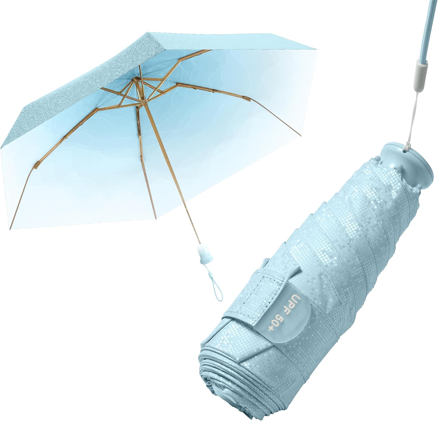 Detalle de Mini Kompakt Reise Regenschirm mit integriertem verstecktem Teleskopgriff – 6 Rippen, UV-Schutz, Glitzerstoff