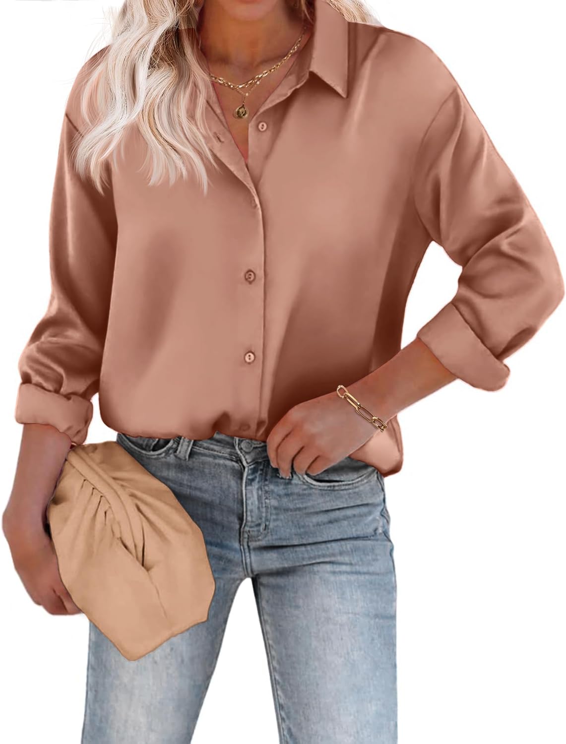Detalle de Chigant Women's Satin Blouse button-down shirt