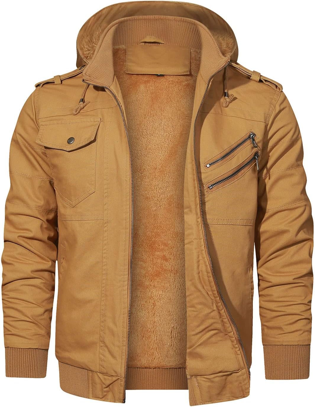 Detalle 2 de Hood Crew Herren-Winterjacke mit Kapuze, dickem Fleecefutter und Cargo-Taschen