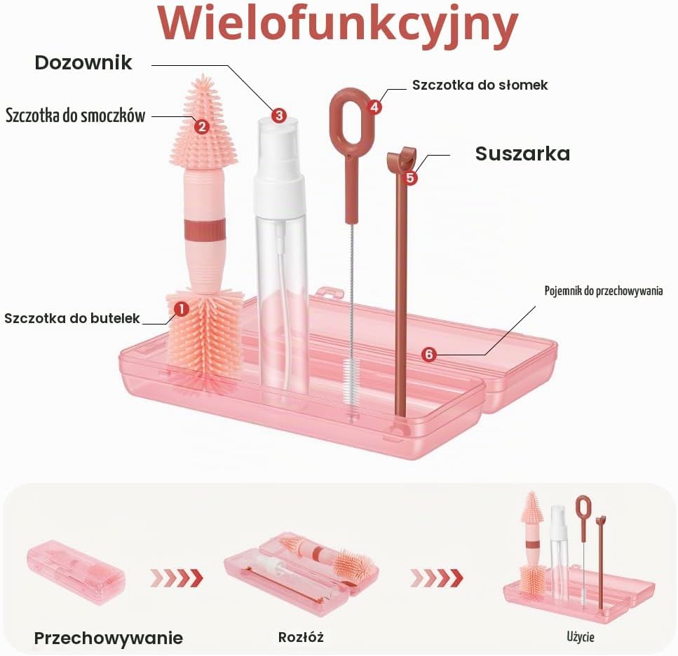 Detalle 1 de Vicloon 5 w 1 – zestaw szczotek do butelek dla niemowląt, silikonowy, różowy