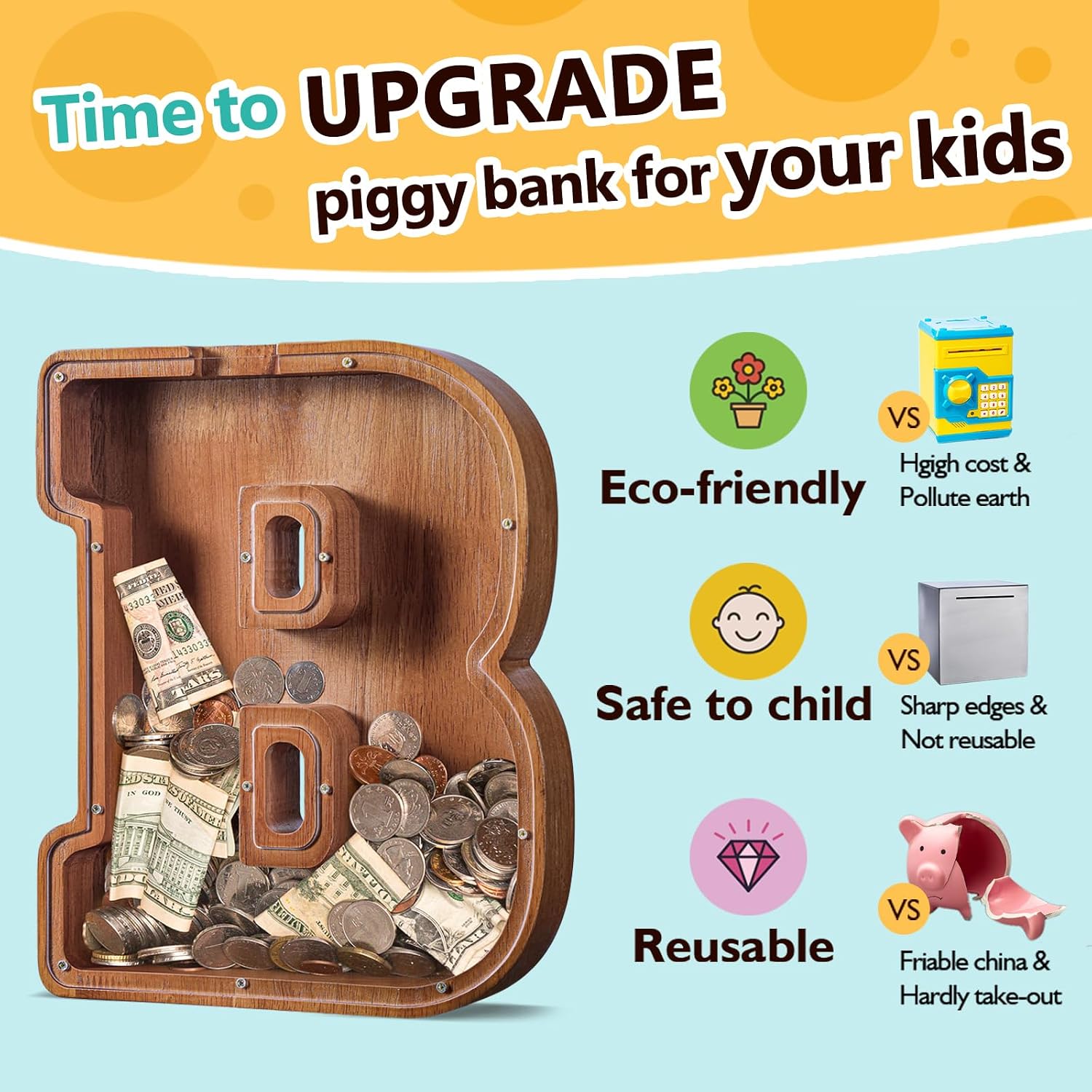 Thumbnail 2 de Summidate Large Wooden Piggy Bank with Personalized Initials and Laser-Engraved Name