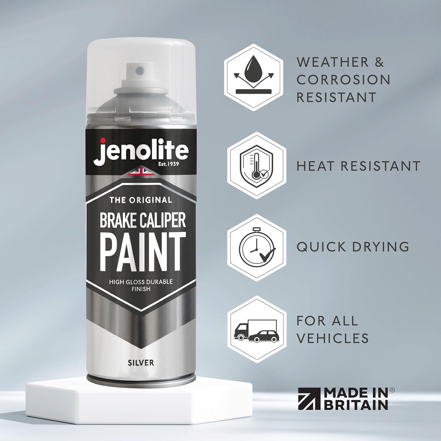 Detalle 2 de JENOLITE Bremssattellack Silber – hitzefester Thermolack für Bremszangen bis 300 °C (400 ml)
